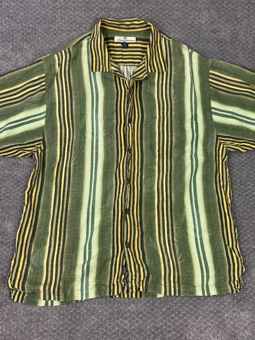 Tommy Bahama Silk Shirt Mens Large Green Crab Print Striped Hawaiian Camp